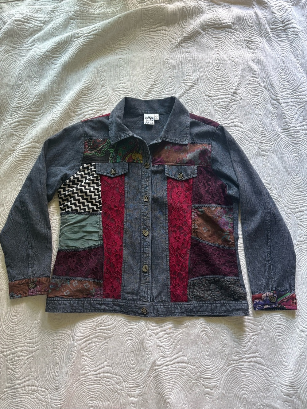 Parsley & Sage Patchwork Denim Jacket - Boho Lace Detail - Size L